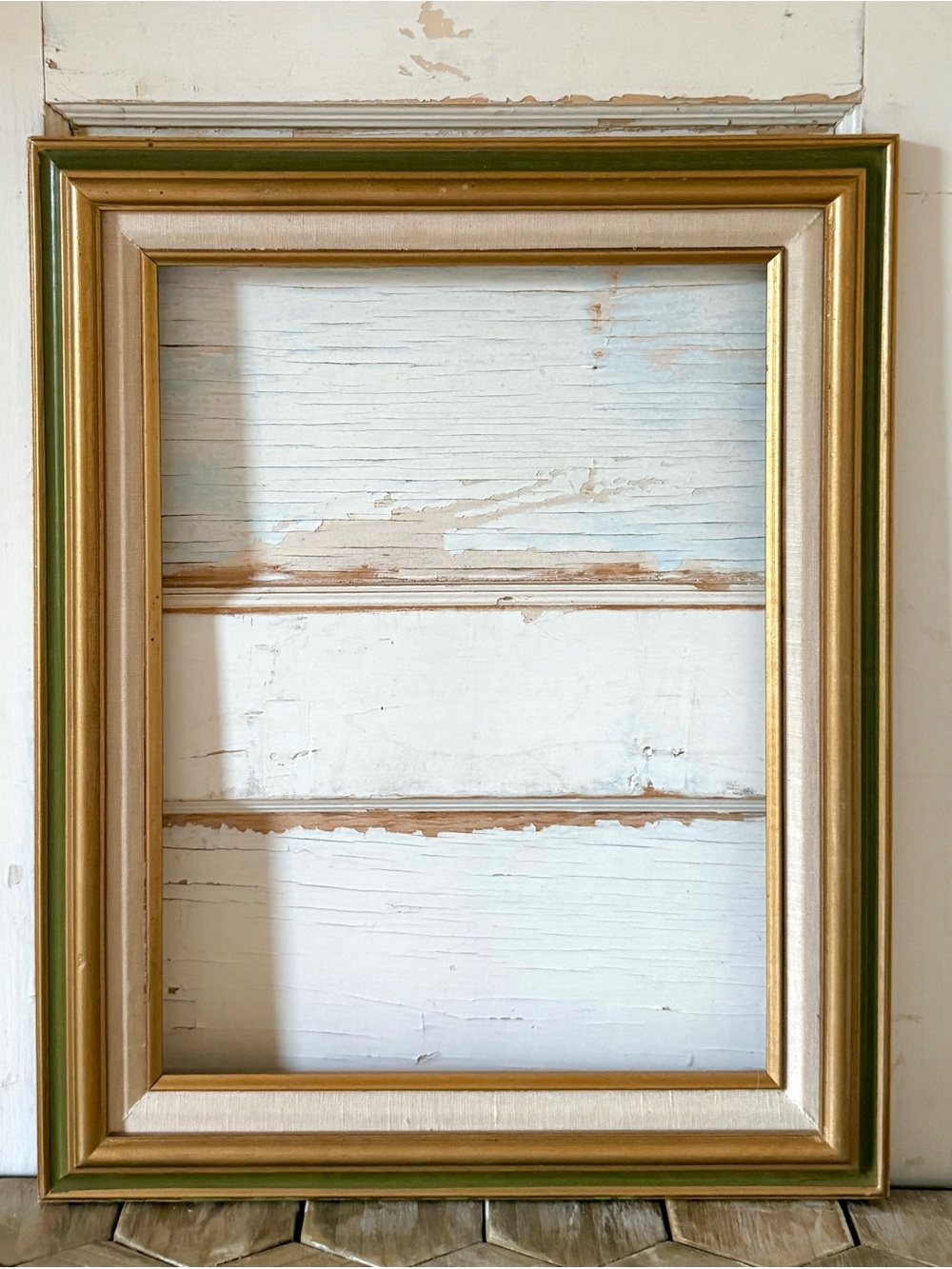 Large Vintage Wood Frame, Gilded Gold, Olive Green, Cream Linen, Handmade, 20.5”